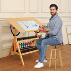 VISWIN Wood Drafting Table for Adults, Drawing Table with Adjustable Angle & 2-Tier Storage Racks for Art Studio, Solid Pine Wood Artist Desk for Drawing, Drafting, Writing, Reading, Sketching