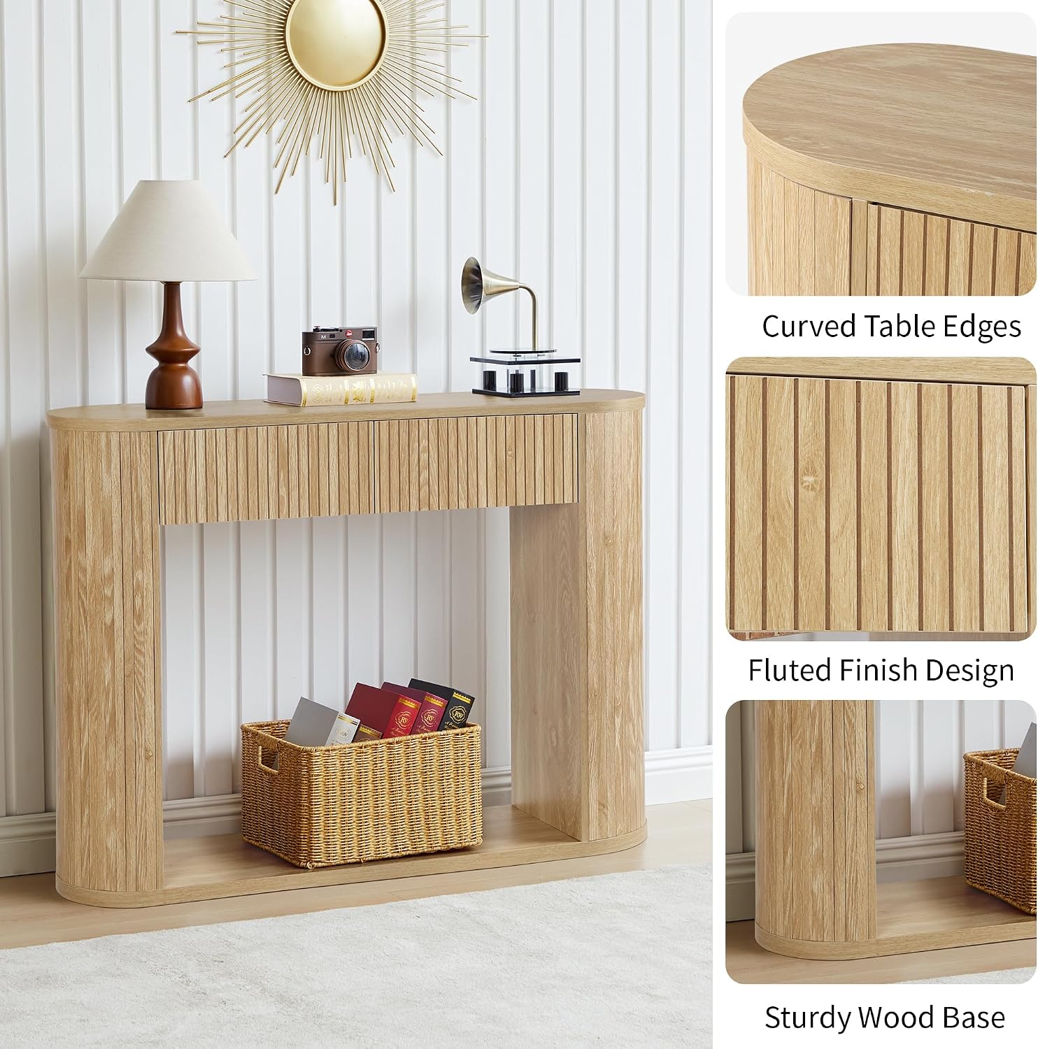 42.5” Console Table with 2 Drawers, Fluted Entryway Table with Rounded Corners, Rectangular Sofa Table Behind Couch for Living Room, Hallway, Foyer (Natural)