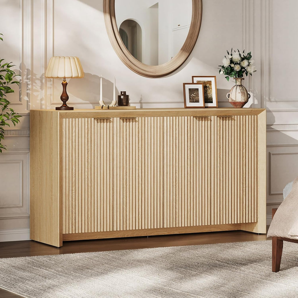 ONBRILL Fluted Sideboard Buffet Cabinet with Storage, Wooden Modern Fluted Sideboard with 4 Doors and 5 Adjustable Shelves, Coffee Bar Table for Dining Room, Hallway, Kitchen (Natural Oak)
