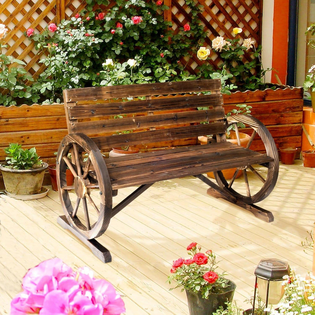 Hassyee Outdoor Patio Wooden Bench with Wagon Wheel and Slatted Design for Poolside, Park, Special Garden Bench with Rustic Style and Durable Wood Construction for Deck, Lawn
