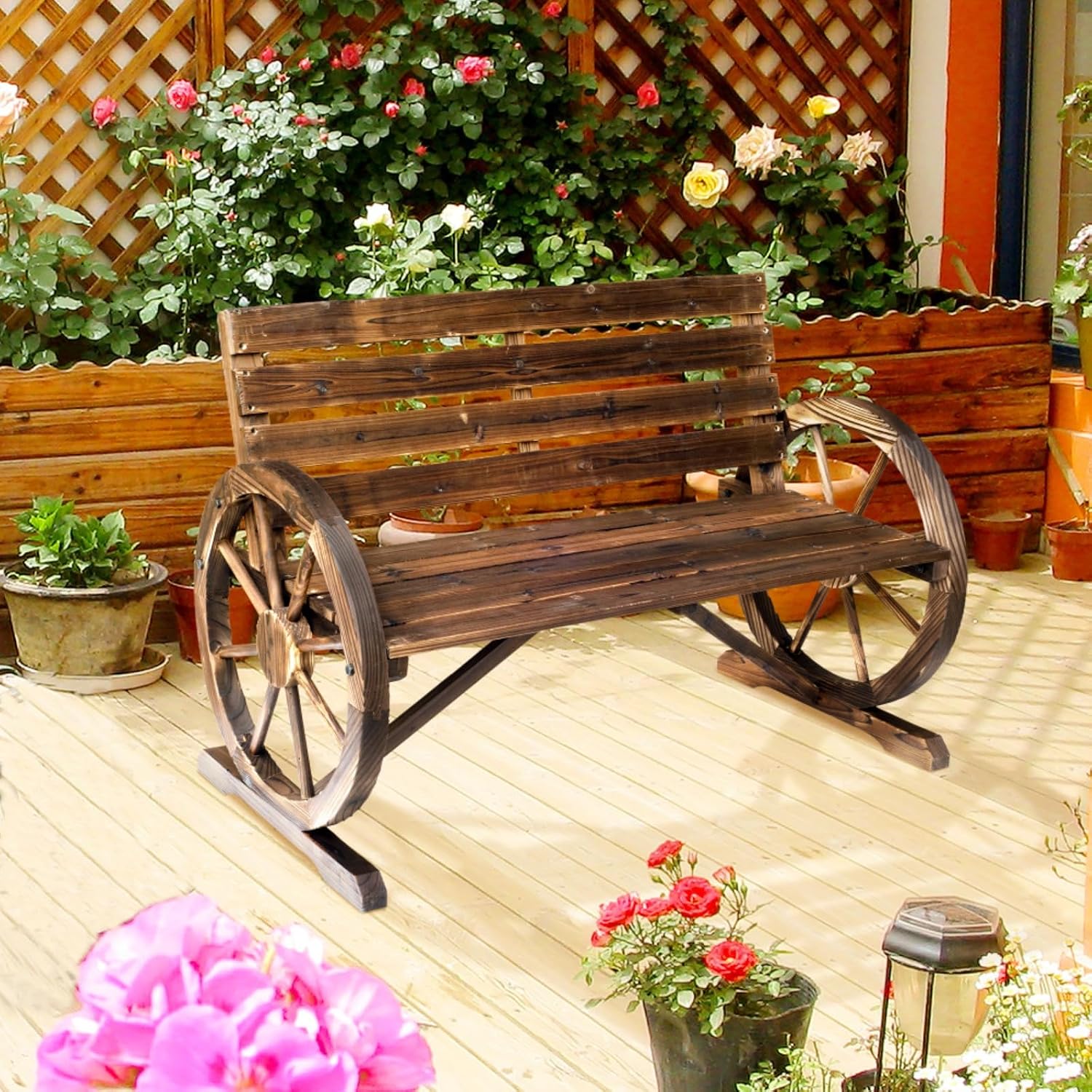 Hassyee Outdoor Patio Wooden Bench with Wagon Wheel and Slatted Design for Poolside, Park, Special Garden Bench with Rustic Style and Durable Wood Construction for Deck, Lawn