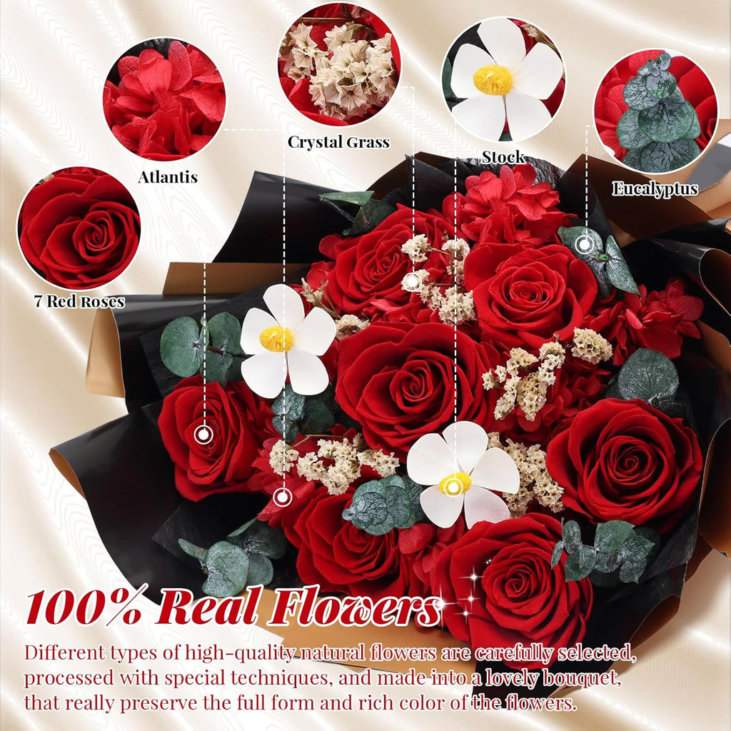 Preserved Red Rose Bouquet for her, Eternal Rose Gift Set in Premium-Quality for Girlfriend, Engagement, Mother’s Day, Birthday, Anniversary, Graduation, Valentine’s Day, Independent Day