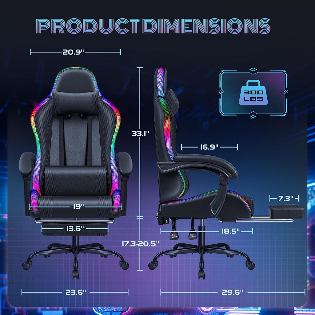Furmax Gaming Chair with RGB LED Lights, Video Game Chair with Footrest and Massage Lumbar Support, High Back Reclining Computer Chair with Headrest, Swivel Seat Gamer Chair (LED Black)