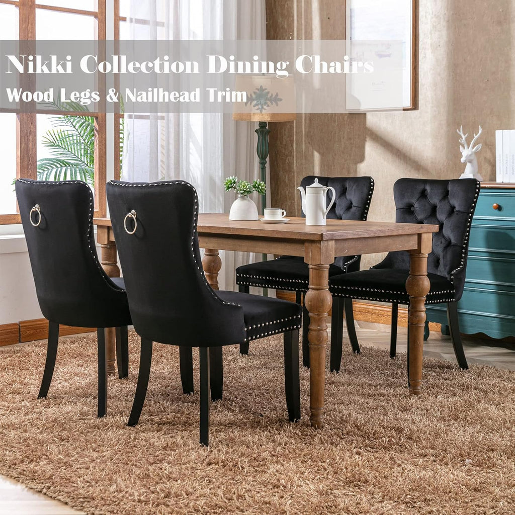 Black Velvet Dining Chairs Set of 4, Modern Upholstered Kitchen Chairs | Solid wood legs;wing back; ring pull; nailhead trim; easy assembly; upholstered dining room chairs for dining table