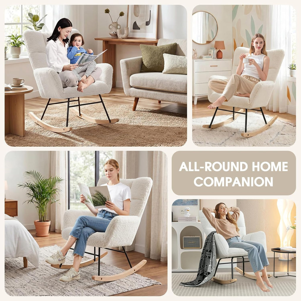 Rocking Chair Nursery, Teddy Upholstered Rocker Glider Chair with High Back, Rocker Recliner with Armrest, Gliding Chair with Thick Cushion, Accent Reading Chair for Bedroom (Ivory)