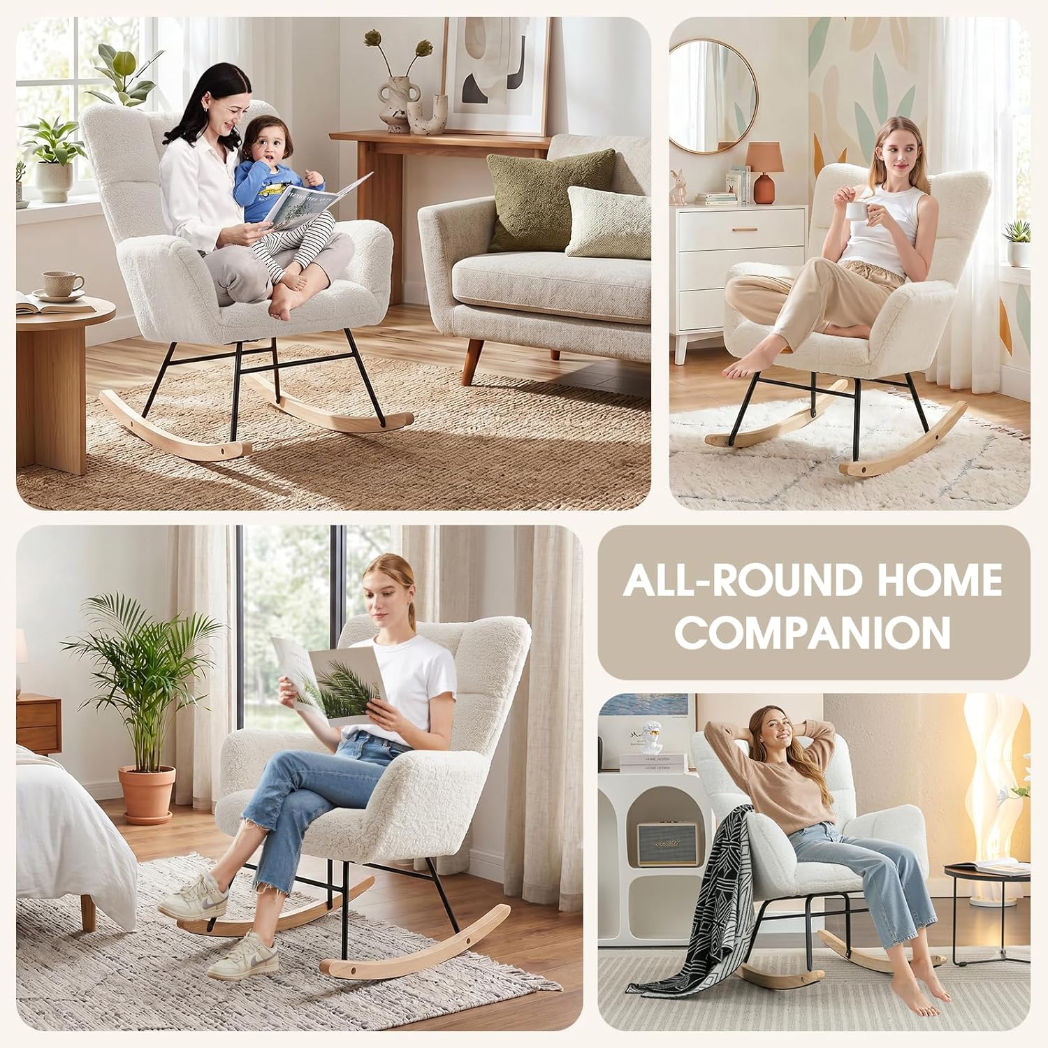 Rocking Chair Nursery, Teddy Upholstered Rocker Glider Chair with High Back, Rocker Recliner with Armrest, Gliding Chair with Thick Cushion, Accent Reading Chair for Bedroom (Ivory)