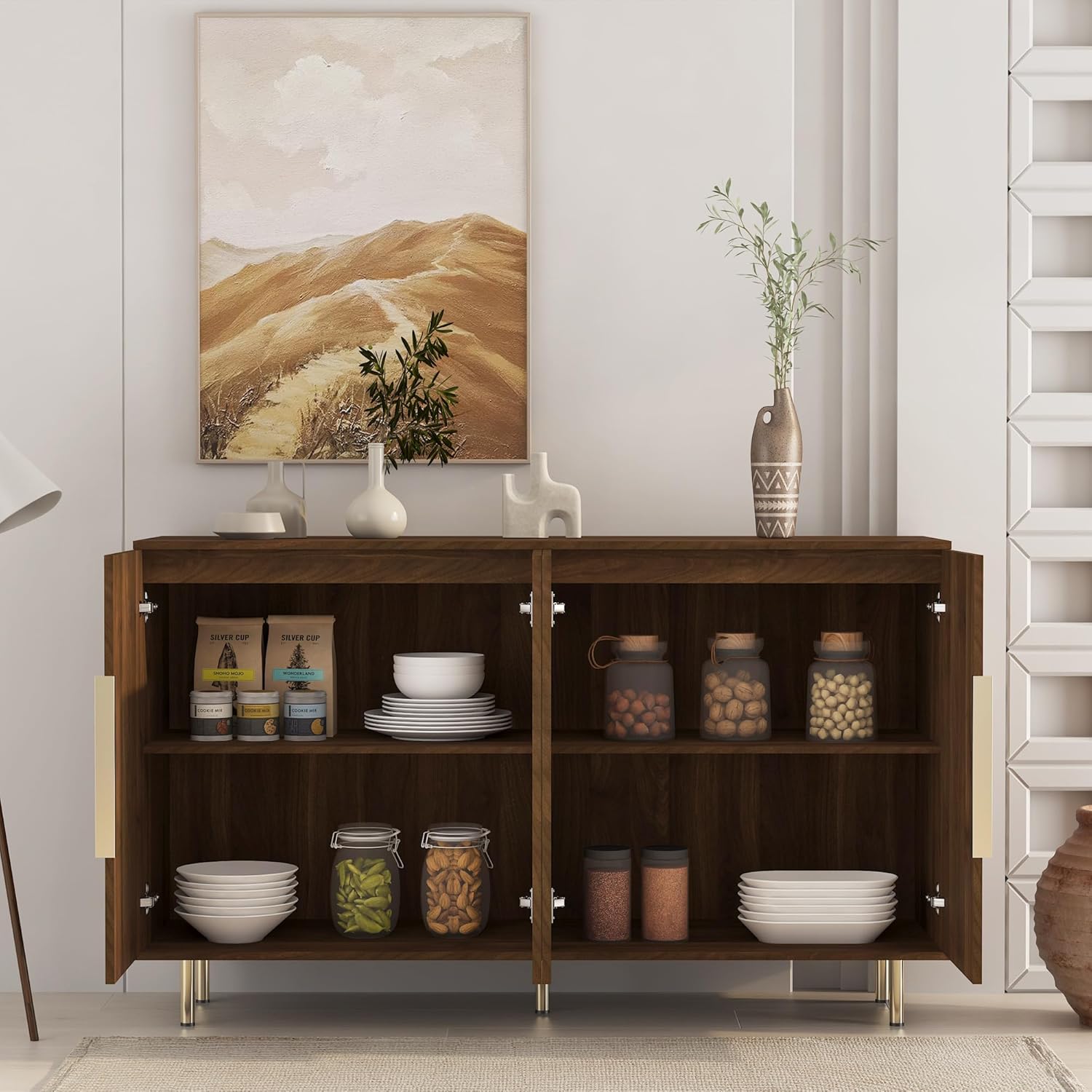 Sideboard Cabinet, 56" Large Buffet Cabinet with Storage, Wood Credenza Storage Cabinet with 4 Fluted Decorative Doors and Adjustable Shelves, for Living Room, Kitchen, Entryway, Walnut