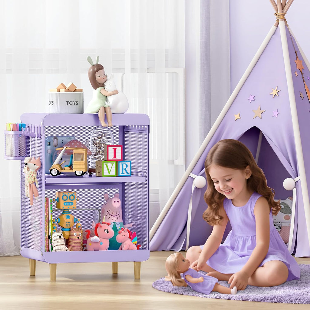 SYKIARIOL Kids Nightstand for Girls, 3-Tier Storage Shelf, Purple | Metal Bedside Table with 4 Hooks & Hanging Basket, Toddler Night Stand for Bedroom