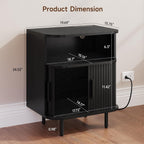 ONBRILL Fluted Nightstand with Drawers, Modern End Table with Charging Station, Mid Century Bedside Table with Open Shelf LED Light for Bedroom Small Space Living Room Sofa Couch Black (2 Pack)