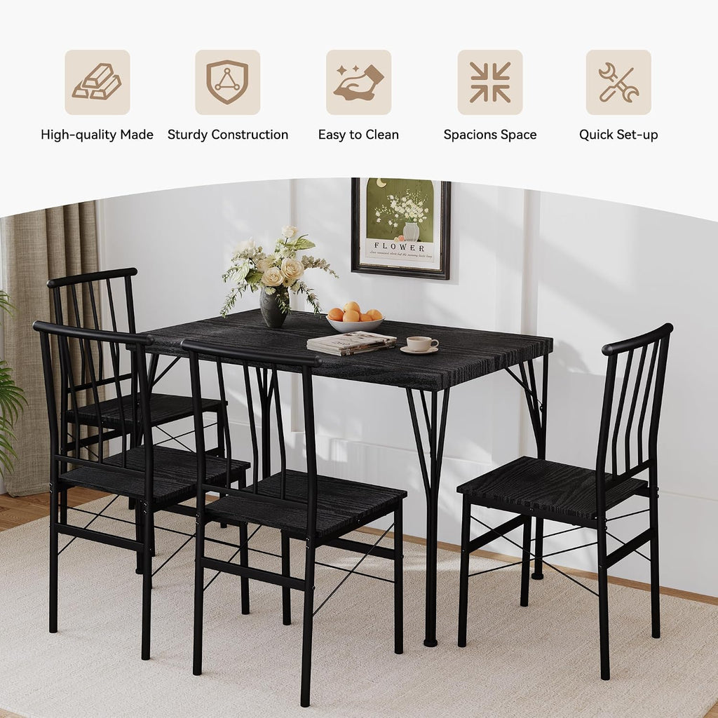 5-Piece Dining Table Set for 4, Kitchen Table Set with 1.6" Thick Tabletop,Space-Saving Rectangular Dining Room Kitchen Table Chair Set for Small Space,Dinette,Apartment,Rustic Black