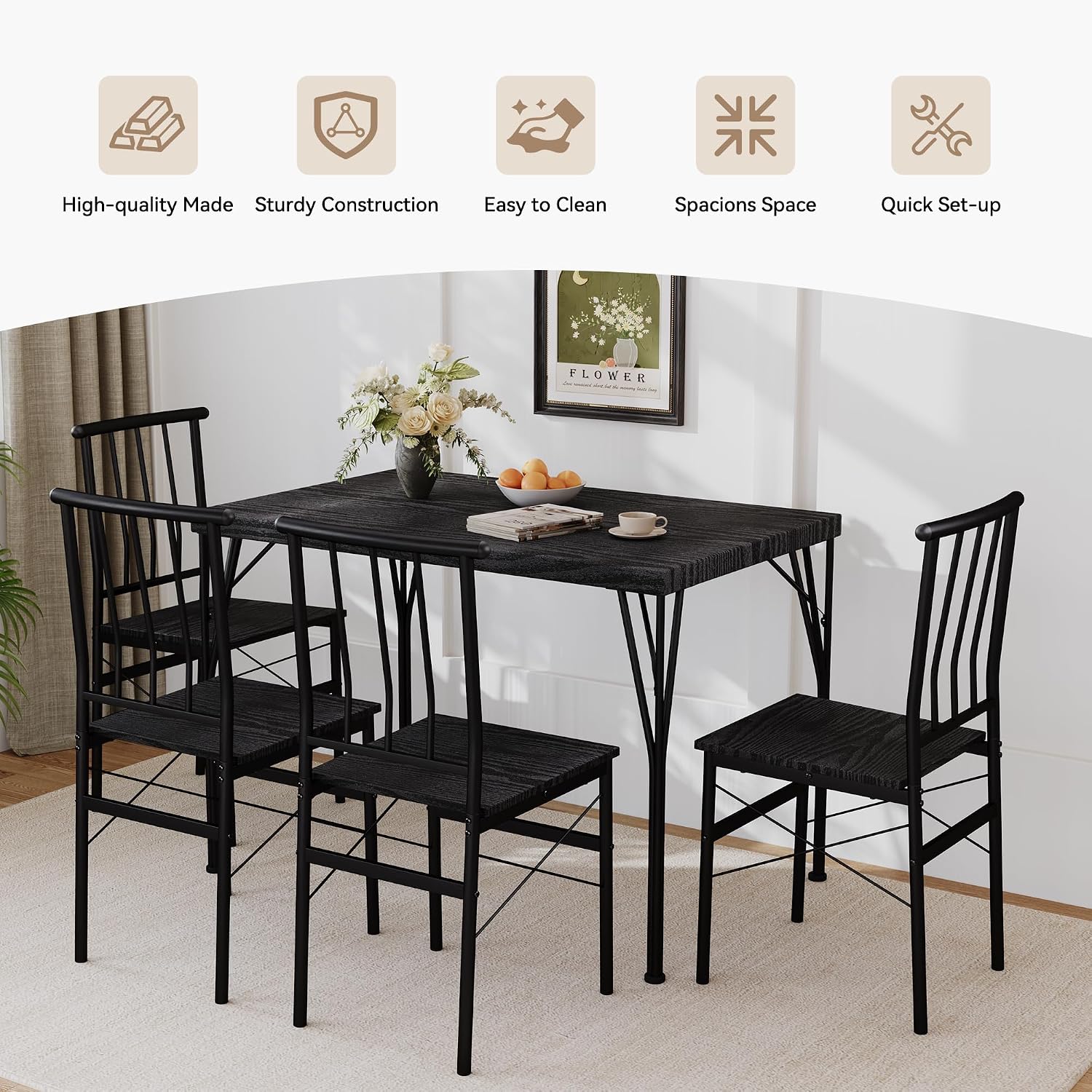 5-Piece Dining Table Set for 4, Kitchen Table Set with 1.6" Thick Tabletop,Space-Saving Rectangular Dining Room Kitchen Table Chair Set for Small Space,Dinette,Apartment,Rustic Black