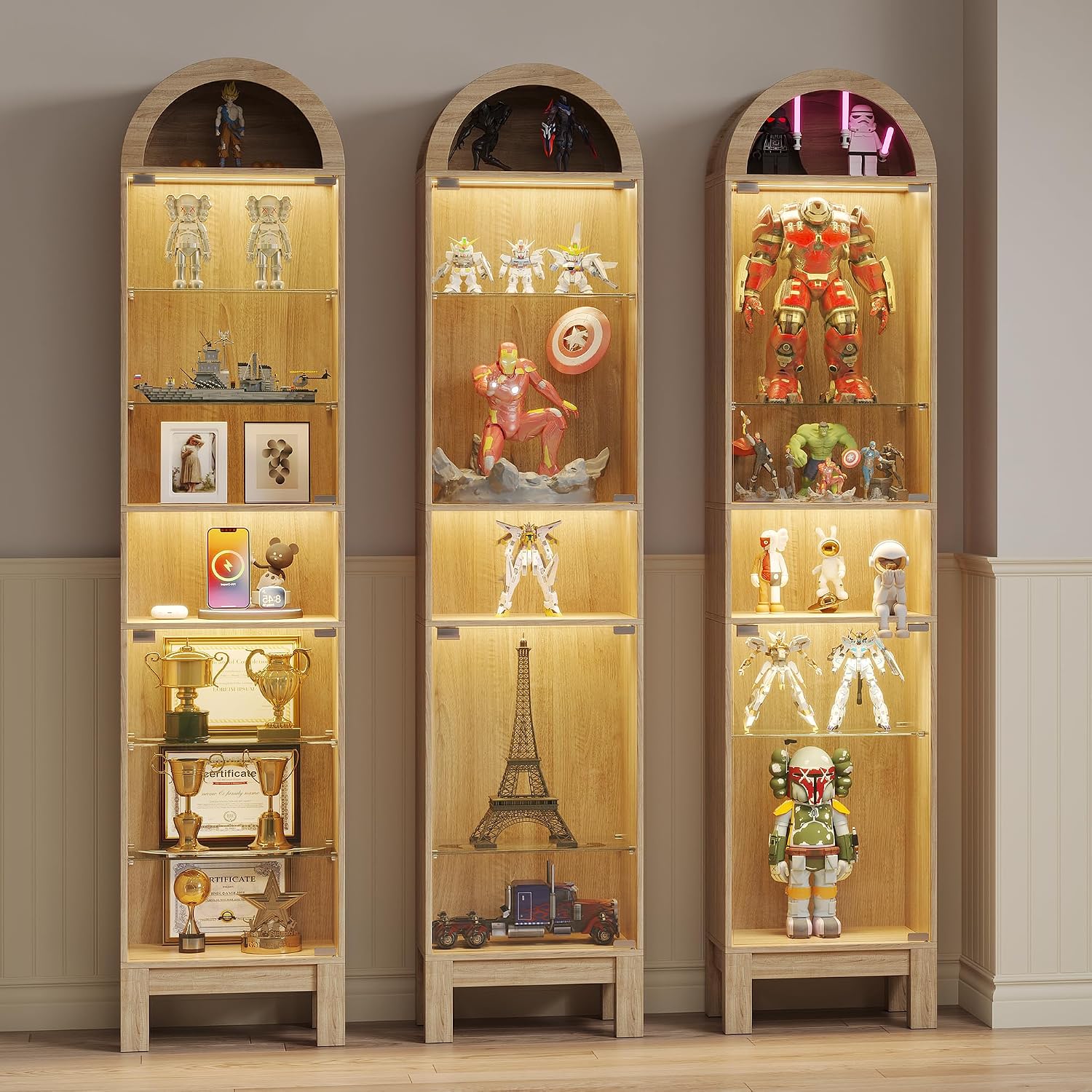 71" H Narrow Arched Display Cabinet with Glass Doors & 8-Tier Shelves, Slim Curio Cabinets with LED Lights for Collectibles/Perfume, Tall Storage Cabinets for Corner, Small Space (Oak)
