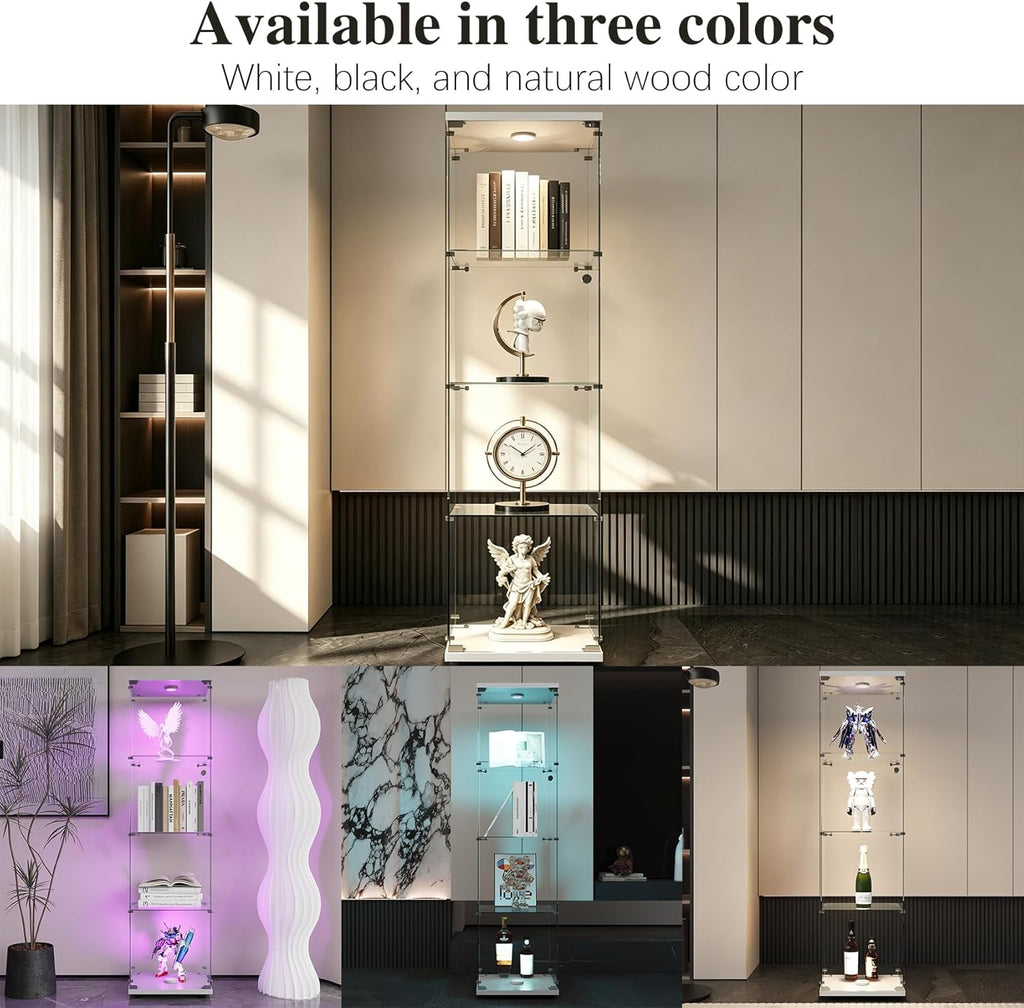 Glass Display Cabinet with Lights - 64.7" Tall Curio Cabinets with Glass Doors & 4 Shelves - LED Action Figure Display Case, Lighted Display Cabinet (White)