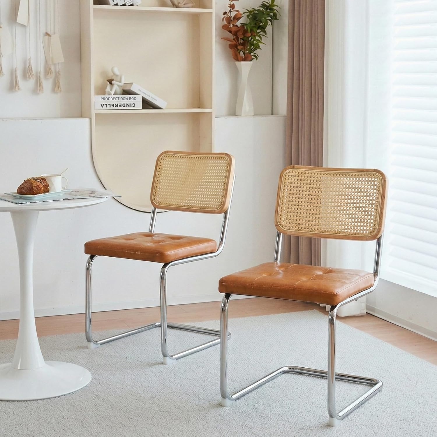 Cantilever Dining Chair, Single Modern Armless Chair with Chrome Steel Frame, PU Leather Seat and Rattan Backrest, 17.7" Seat Height Kitchen & Dining Room Chair (Brown, Set of 2)