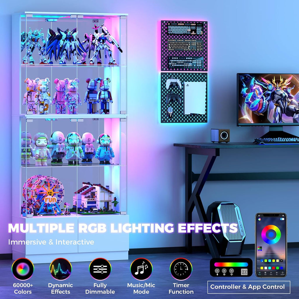 VersionTECH. Display Cabinet with Glass Doors, 4-Tier Curio Cabinet with RGB Lights for Collectibles, Display Case with 2 Drawers, Adjustable Glass Shelves, Human Body Sensor, Mirror Backing, White