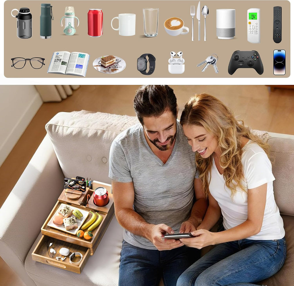 Acacia Wood Couch Cup Holder, 7-in-1 Couch Caddy Tray, Sofa Side Table with Push-Pull Drawer to Organize and Store Small Objects, 360°Swivel Phone Holder, for Drinks, Cups, Snacks, Remote
