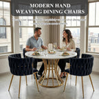 Modern Hand Weaving Dining Chairs Set of 2, Velvet Upholstered Dining Room Chairs with Gold Legs, Elegant Side Chair with Curved Backrest, Accent Chair for Dining Room, Kitchen (Black)