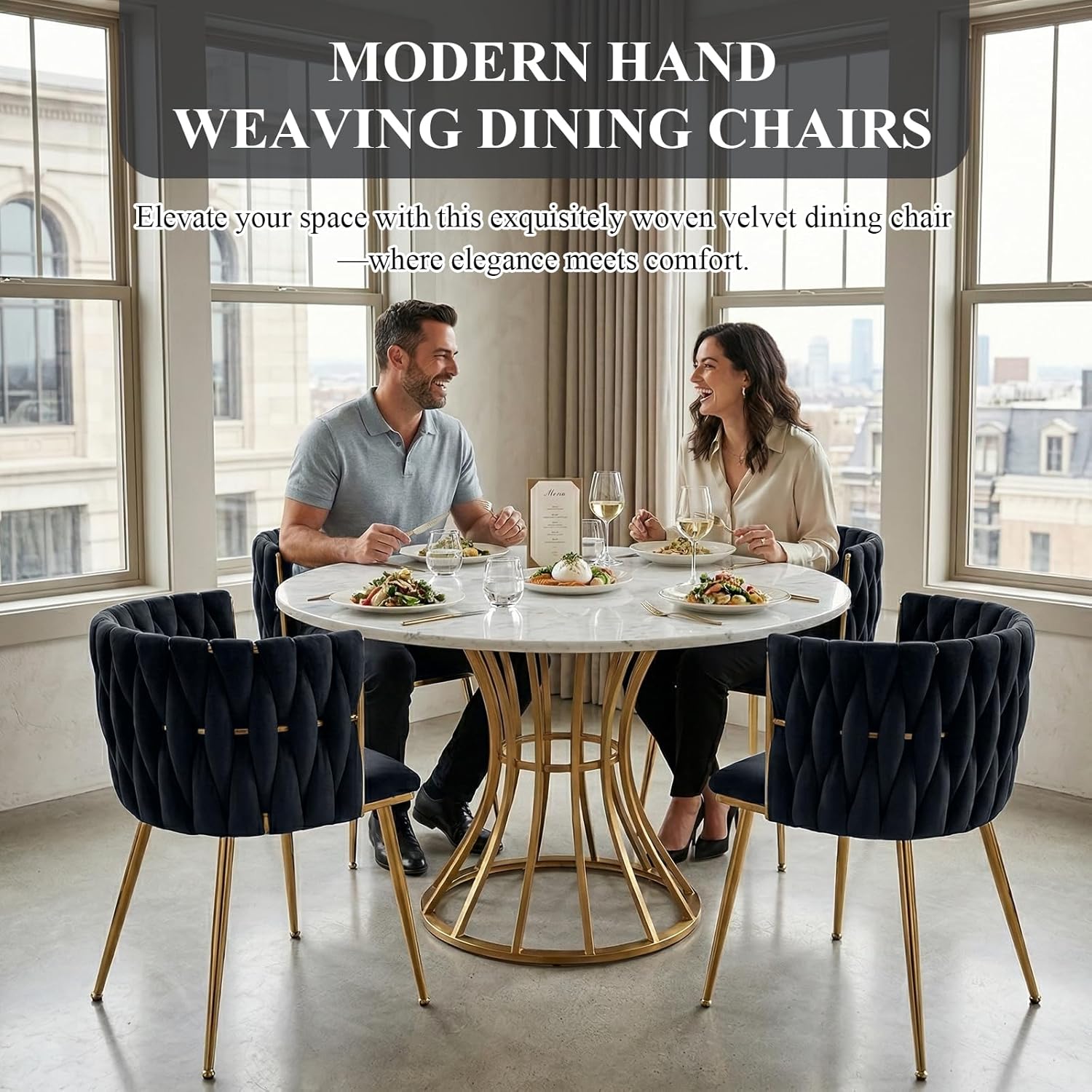 Modern Hand Weaving Dining Chairs Set of 2, Velvet Upholstered Dining Room Chairs with Gold Legs, Elegant Side Chair with Curved Backrest, Accent Chair for Dining Room, Kitchen (Black)