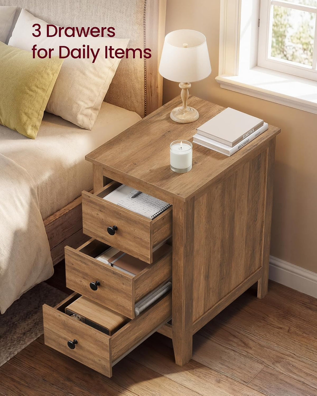 VASAGLE LIRY Collection-Farmhouse Nightstand with 3 Drawers, Slim Side End Table with Storage, Narrow Bedside Table for Bedroom, Office, Warm Brown, ULET132K101S