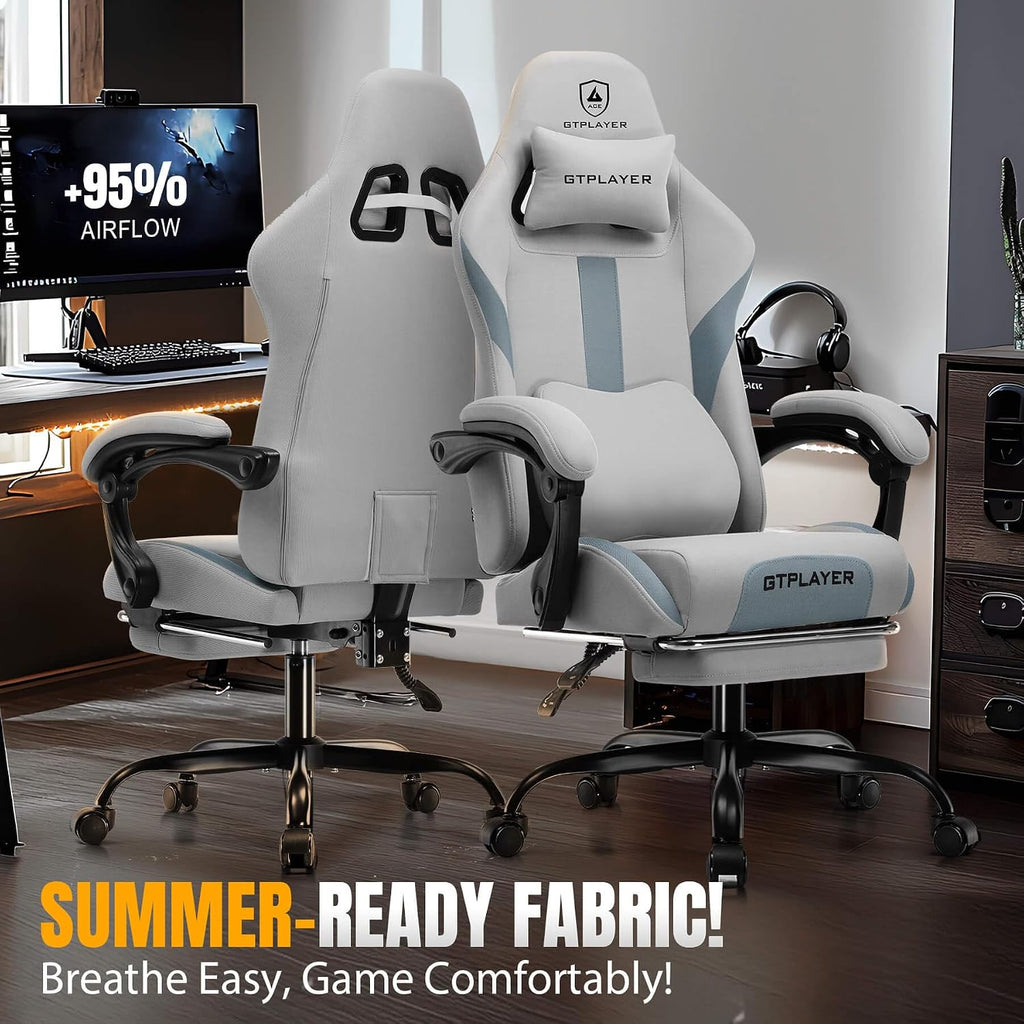 GTPLAYER Gaming Chair with Foot Rest & Pocket Spring Cushion, Breathable Fabric for Home Office Desk, Ergonomic High Back Computer Chair with Headrest & Lumbar Support, Gray