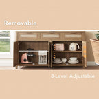 HOKYHOKY 63" Rattan Sideboard Buffet Cabinet, Boho Storage Cabinet with Adjustable Shelves, Farmhouse Credenza Coffee Bar Cabinets with 4 Doors & 3 Drawers for Living Room, Hallway & Kitchen