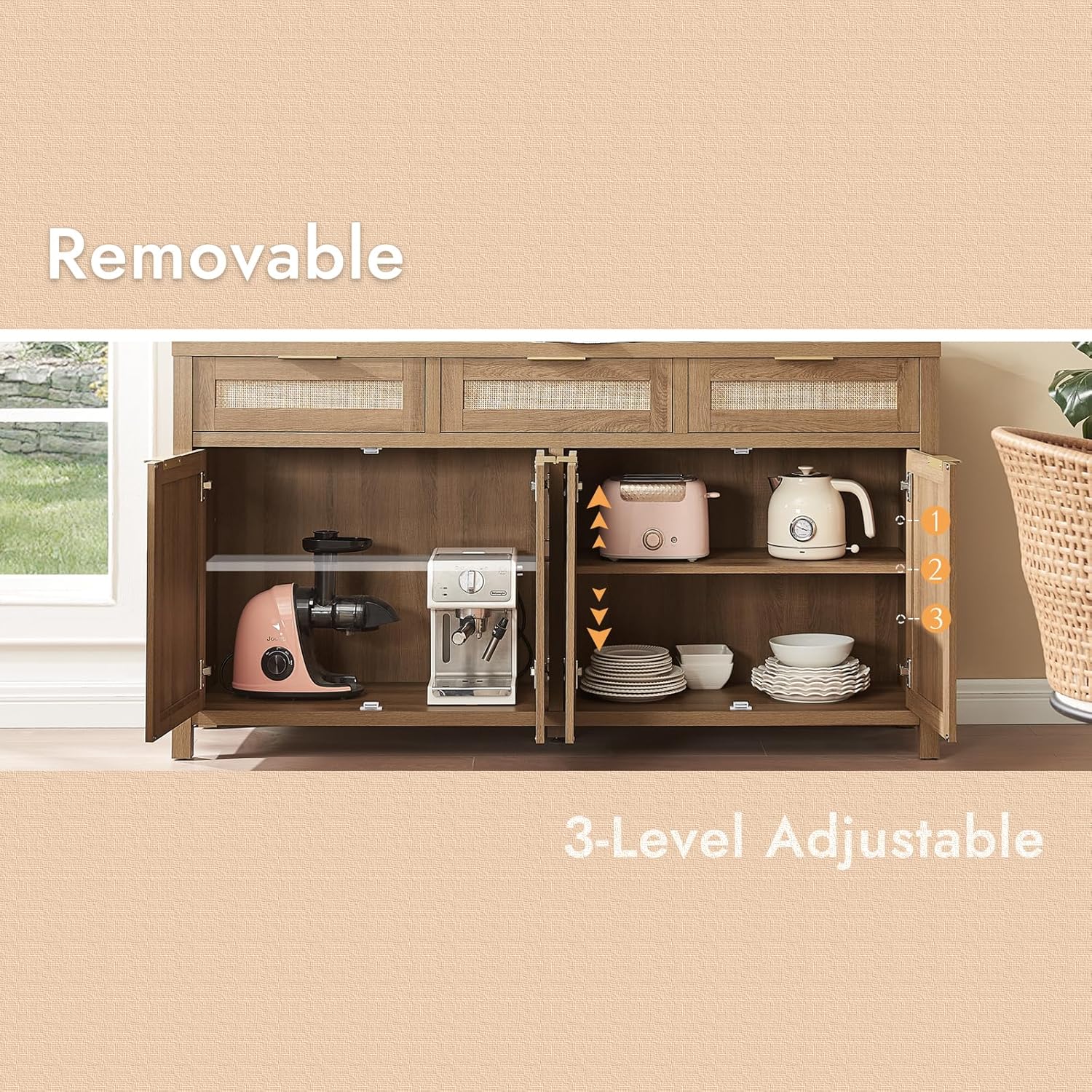 HOKYHOKY 63" Rattan Sideboard Buffet Cabinet, Boho Storage Cabinet with Adjustable Shelves, Farmhouse Credenza Coffee Bar Cabinets with 4 Doors & 3 Drawers for Living Room, Hallway & Kitchen