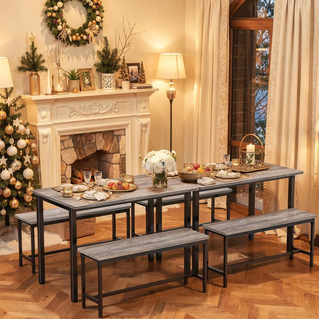 Dining Table Set for 4, Kitchen Table with 2 Benchs, Modern Functional 3-Piece Dining Room Table for Apartment Breakfast Nook and Samll Space, Grey