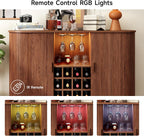 ONBRILL 55" Wine Bar Cabinet with LED Light, Modern Fluted Liquor Whiskey Home Bar with Wine Rack and Glass Holder, Farmhouse Buffet Sideboard with Storage for Living Room, Kitchen, Entryway (Walnut)
