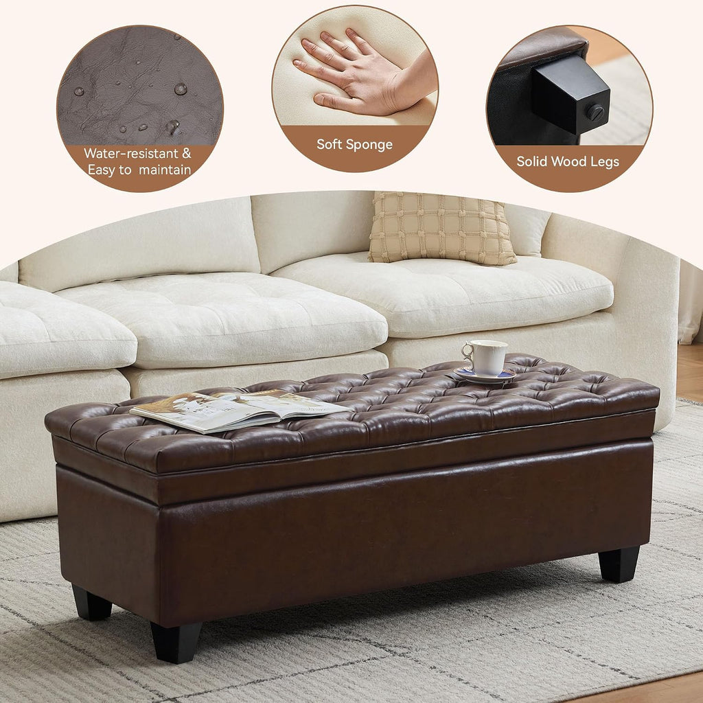 WUTUTUEE 50" Faux Leather Storage Ottoman Bench, Upholstered Rectangle Storage Ottoman End of Bed Tufted Living Room Bedroom Bench with Safety Hinge, Solid Wood Legs, Loads 500 lb(Dark Rrown)