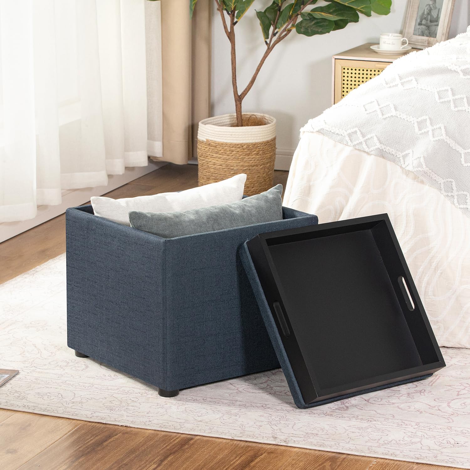 Adeco 17" H Navy Blue Storage Ottoman Cube with Tray Lid, Small Polyester Fabric Footstool with Storage, Square End Table for Living Room & Bedroom