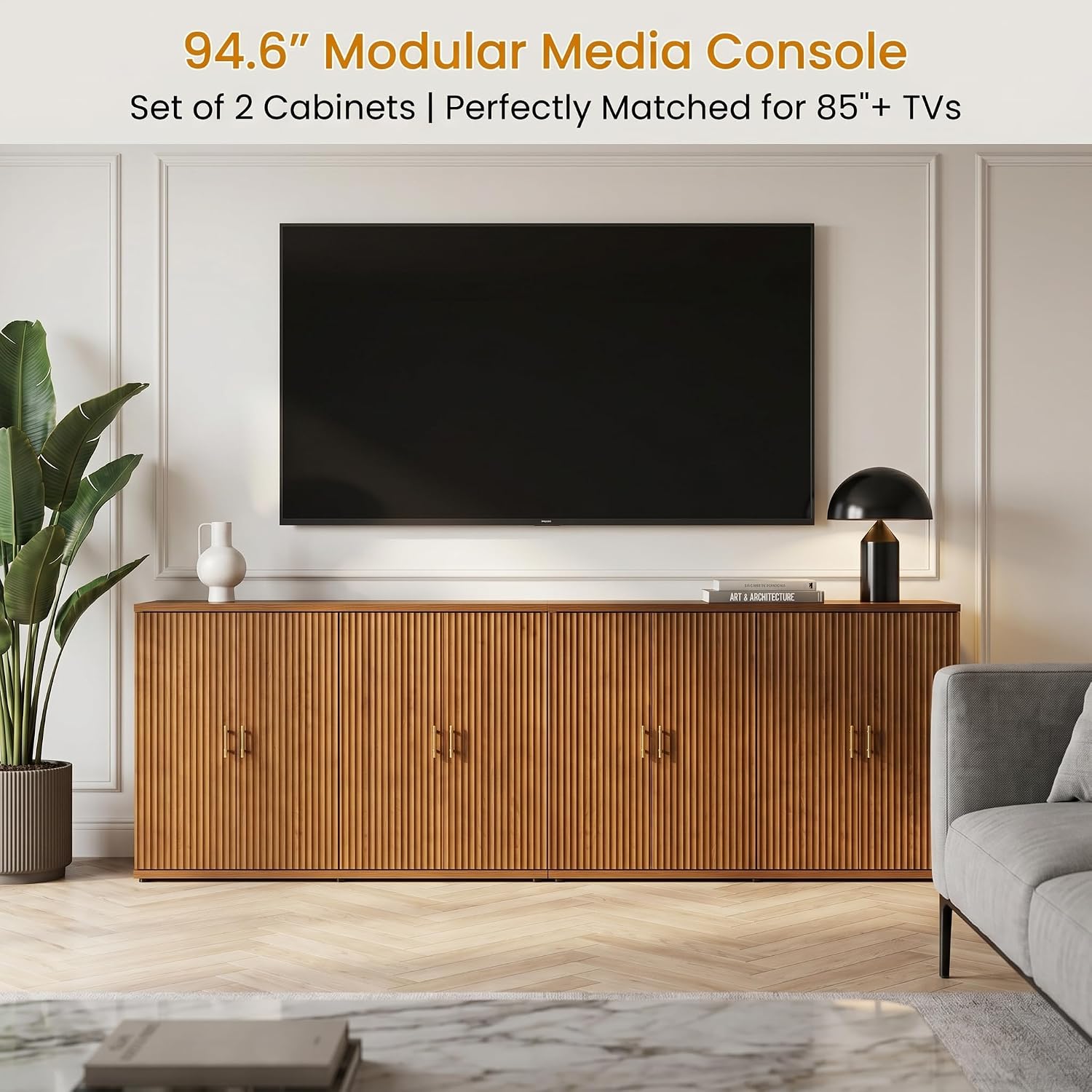 Yechen 94.6" Walnut Fluted Sideboard Buffet Cabinet with Storage and 8 Doors, Mordern Credenza Storage Cabinet with Adjustable Shelves, Media Console Table, for Living Room Dinning Kitchen(2 PCS)