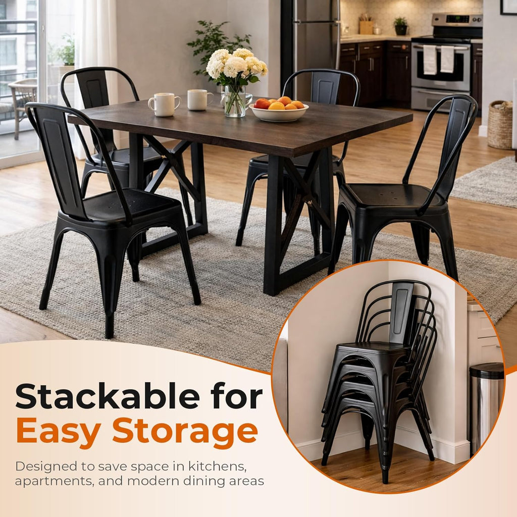 Metal Dining Chairs Set of 2 Iron Stackable Indoor Metal Chair,Easy Clean,Industrial/Kitchen Dining Room/Apartment/Matte Midnight Black