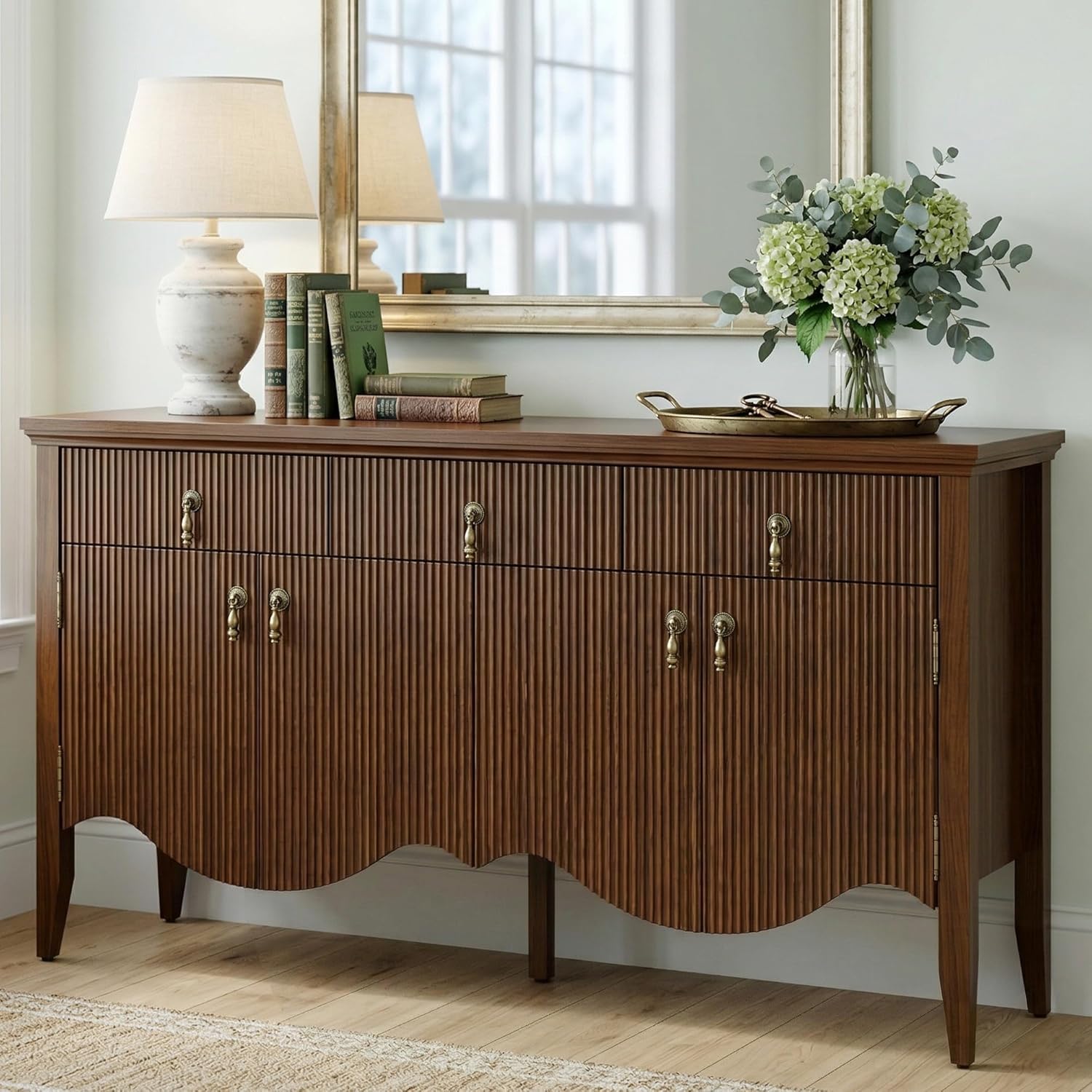 FUSUNBAO 57" Fluted Sideboard Buffet,Retro Storage Cabinet, Walnut | 3 Drawers and 4 Doors, Vintage Fluted with Scalloped Base, Organic Modern Accent Cabinet, For Dining Room
