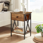 VECELO Night Stand Set of 2, End Tables with Drawer, 2-Tier Bedside Tables with X Shaped, Side Table Stand with Storage Shelf for Living Room/Bedroom,Rustic Brown