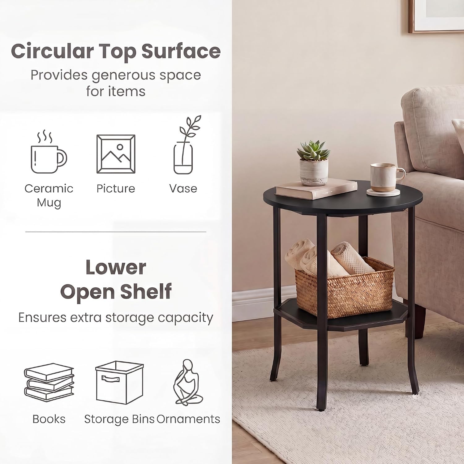 Tangkula 2-Tier Round Side End Table, Small Nightstand with Storage Shelf, Industrial Modern Bedside & Sofa Side Table for Small Space, Bedroom, Living Room, Home Office (2, Black)