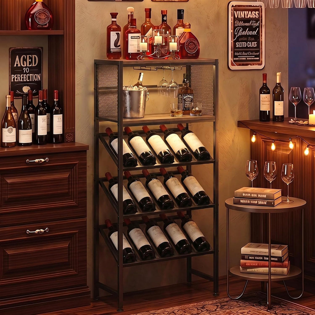 3-Tier Wine Rack Freestanding Floor with Glass & Storage Racks | Space-saving corner wine bar cabinet, sturdy build for kitchen, living room & home bar, stores wine bottles & bar accessories