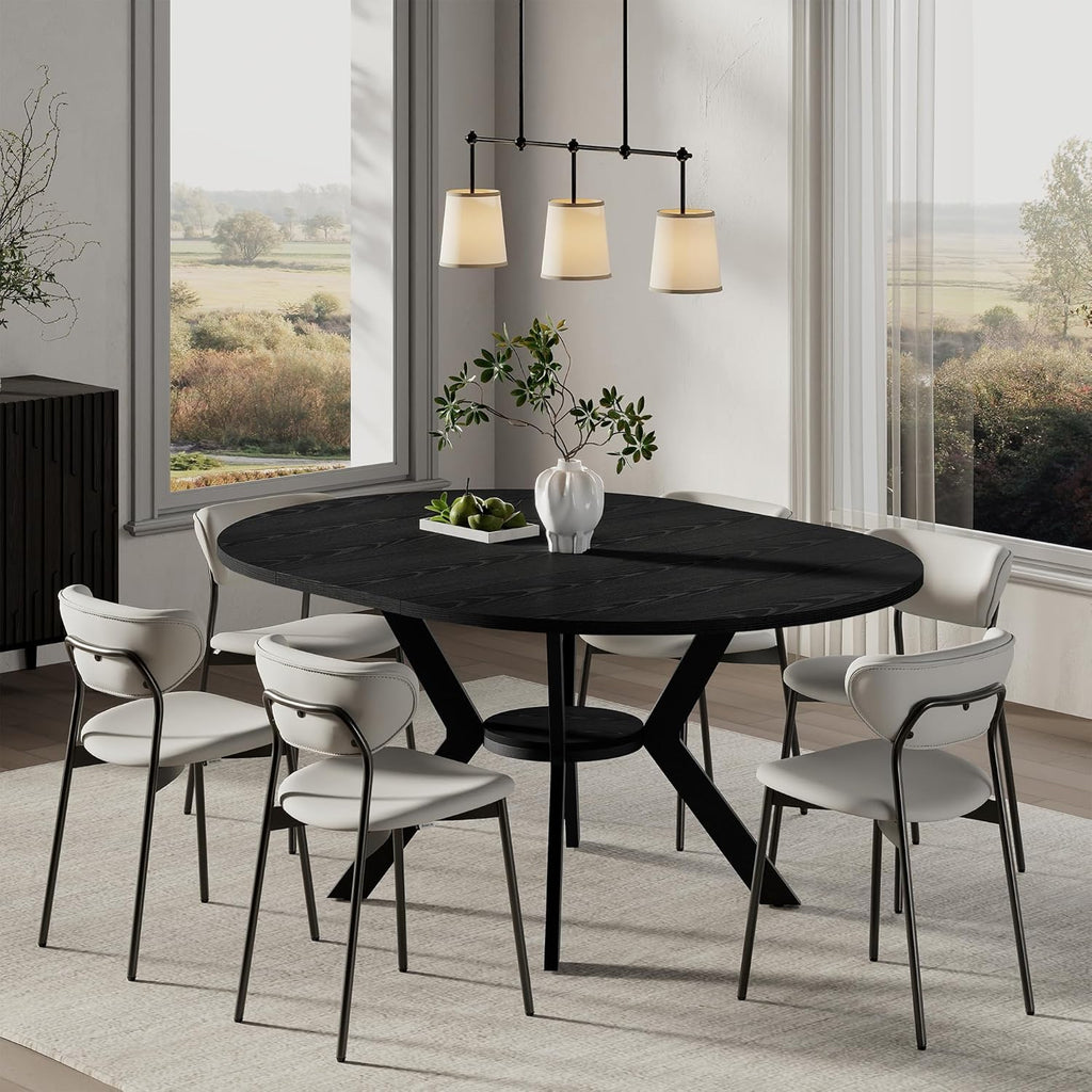 42"-58" Extendable Round Dining Table with Built-in Flip Leaf, Modern Oval Kitchen Table for 4-6, Space-Saving Small Room Furniture with Storage Shelf and X-Shaped Metal Base for Kitchen, Dining Room