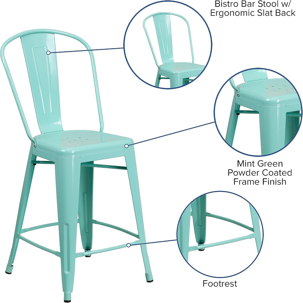 Flash Furniture Carly Commercial Grade 24" High Mint Green Metal Indoor-Outdoor Counter Height Stool with Back