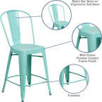 Flash Furniture Carly Commercial Grade 24" High Mint Green Metal Indoor-Outdoor Counter Height Stool with Back