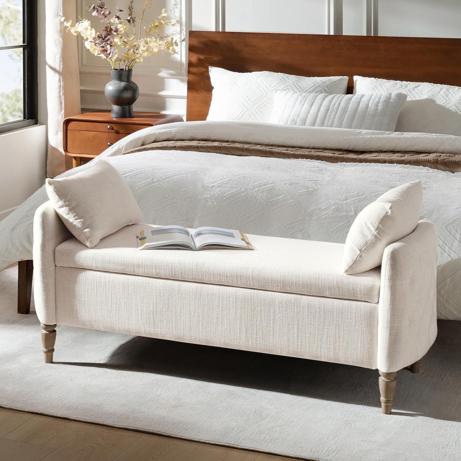 HULALA HOME Storage Bench for Bedroom with Throw Pillows, 59" Large Bedroom Ottoman Bench with Solid Wood Frame, Comfy Upholstered Footstool with Flip-top for Living Room, Entryway, Ivory