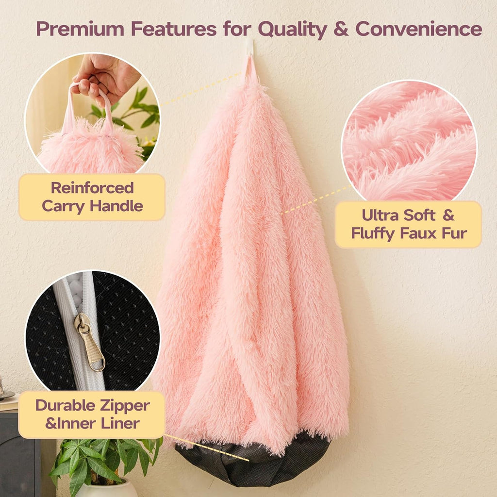 Pink fluffy bean bag chair covers (No Filler), comfy Plush Pink bean bag chair Cover for bedroom, stuffed animal Storage, kids adults teens girls bean bag chairs, Anti-Slip