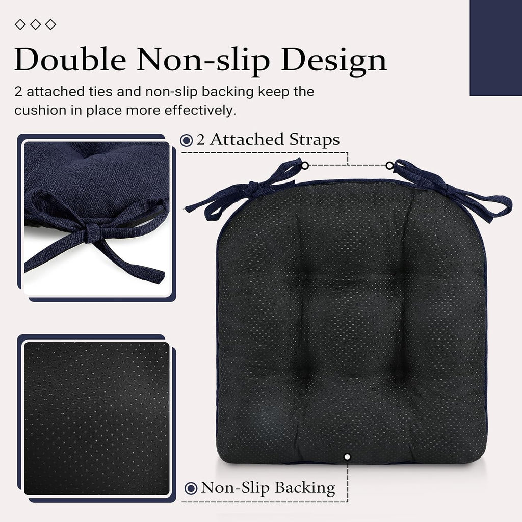 Wellsin Chair Cushions for Dining Chairs, Non-Slip Kitchen Chair Pads with Ties, Tufted Shredded Foam Kitchen Chair Cushions Set of 4, 15.5" X 15.5", Navy