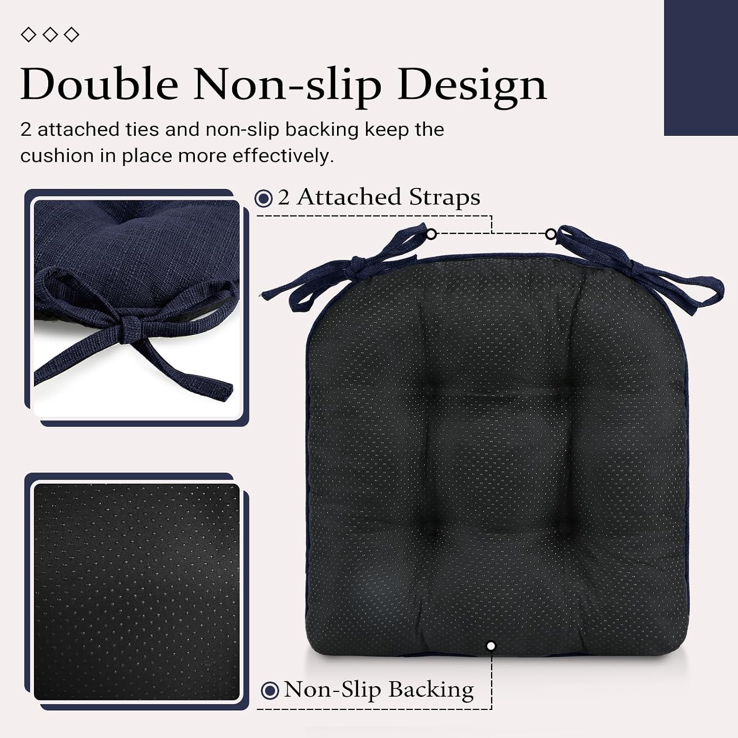 Wellsin Chair Cushions for Dining Chairs, Non-Slip Kitchen Chair Pads with Ties, Tufted Shredded Foam Kitchen Chair Cushions Set of 4, 15.5" X 15.5", Navy