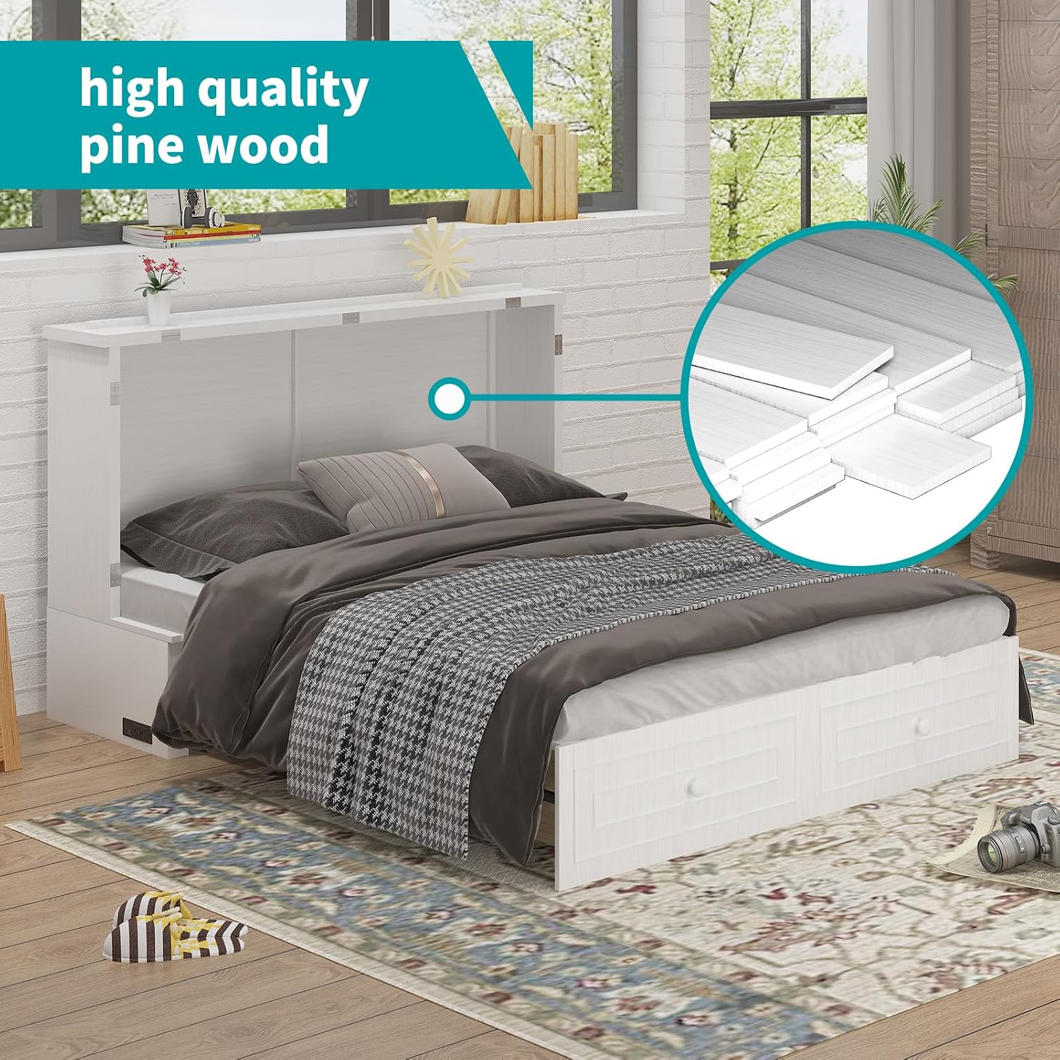 BALUS Queen Murphy Bed with Tri-Fold Memory Foam Mattress, Built-in USB Charging Station, Modern Wall Bed Cabinet with Storage Drawers, Murphy Chest Cube Guest Beds for Living Room Apartment, White