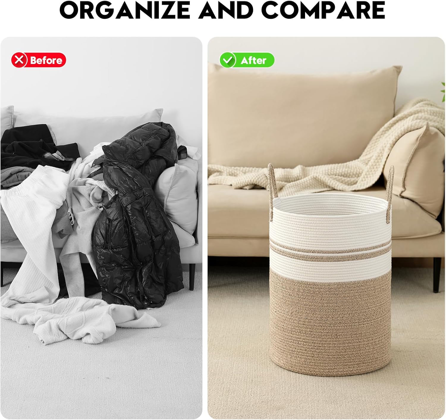 Laundry Basket Hamper Tall Rope Storage Woven for Blanket toys Dirty Clothes in Living Room Bathroom Bedroom (Brown&White, 60L/15.8Gal)