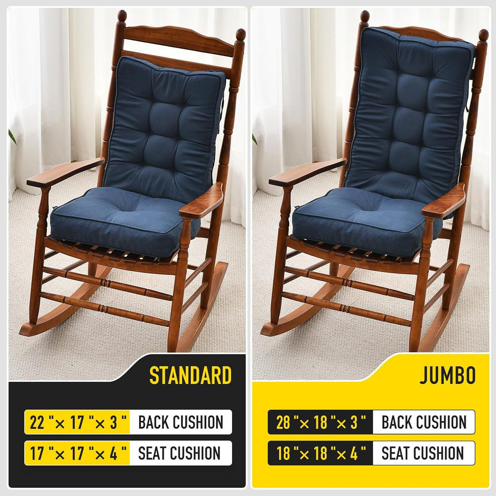 SUNROX Memory Foam Jumbo Rocking Chair Cushions, FadeShield Water Resistant Non Slip Durable Tufted Pads, Set of Seat & Back Cushion with Ties for Indoor/Outdoor Rocker, 2 Piece, Charcoal Blue