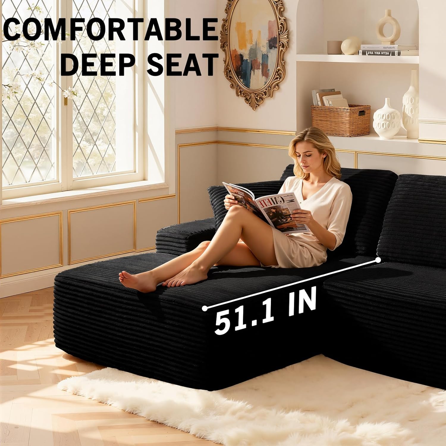 109.4” Modular Sectional Sofa, Convertible Sofa Bed, No Assembly Required Cloud Couch with Deep Seat, Modern L-Shaped Boneless Sofa for Living Room (Black)