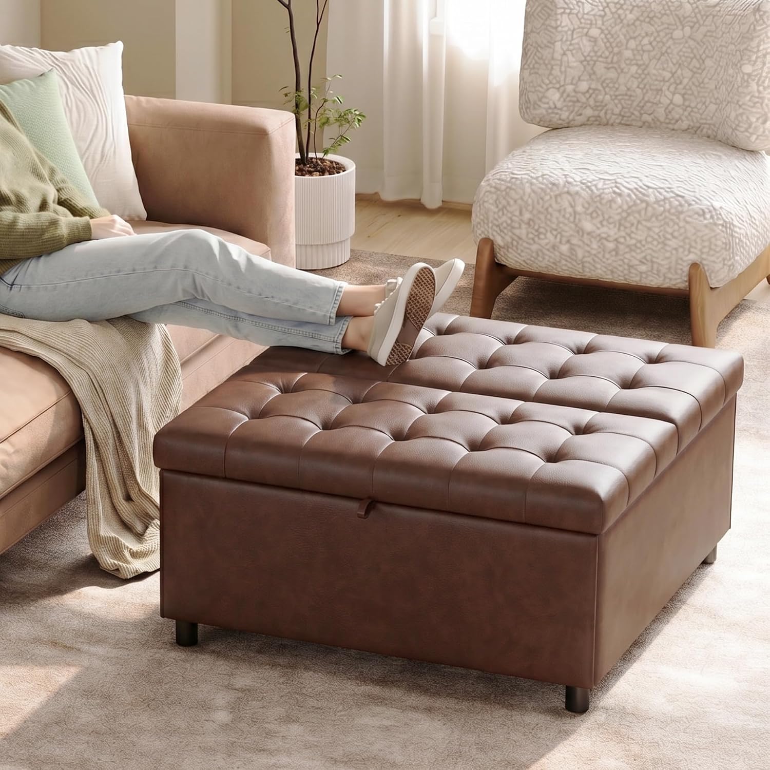 LINLUX Extra Large Leather Storage Ottoman, 35.5 Inch Large Square Lift Top Ottoman Coffee Table with Storage, Tufted Leather Ottoman Footrest Toy Box for Living Room, Brown
