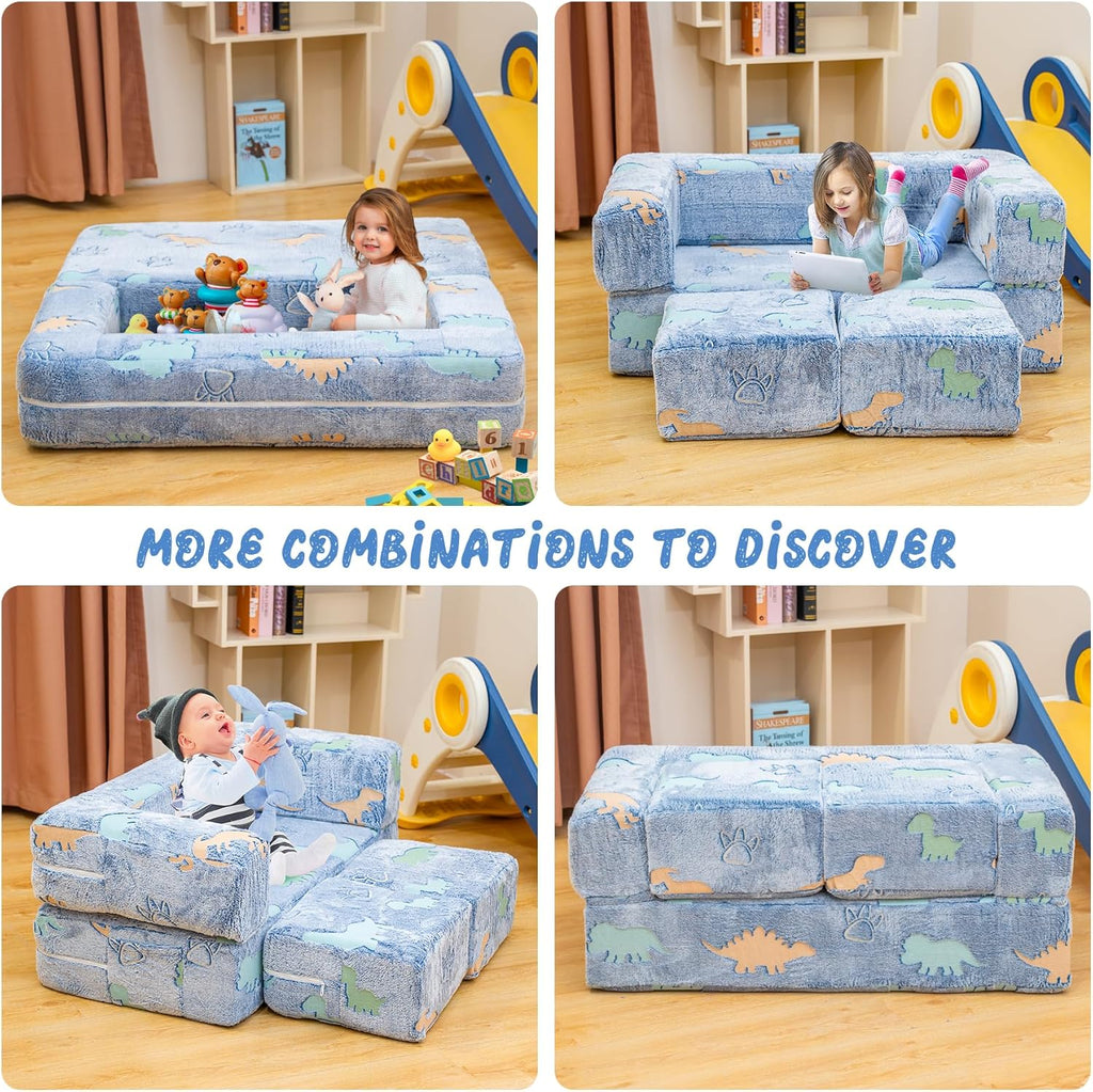 furlinkhm Toddler Couch, Glow in The Dark Kids Play Couch Toddler Fold Out Couch, Kids Fold Out Couch for playroom, Convertible Baby Fold Out Play Foam and Floor Cushion for Bedroom, Blue+Dinosaur