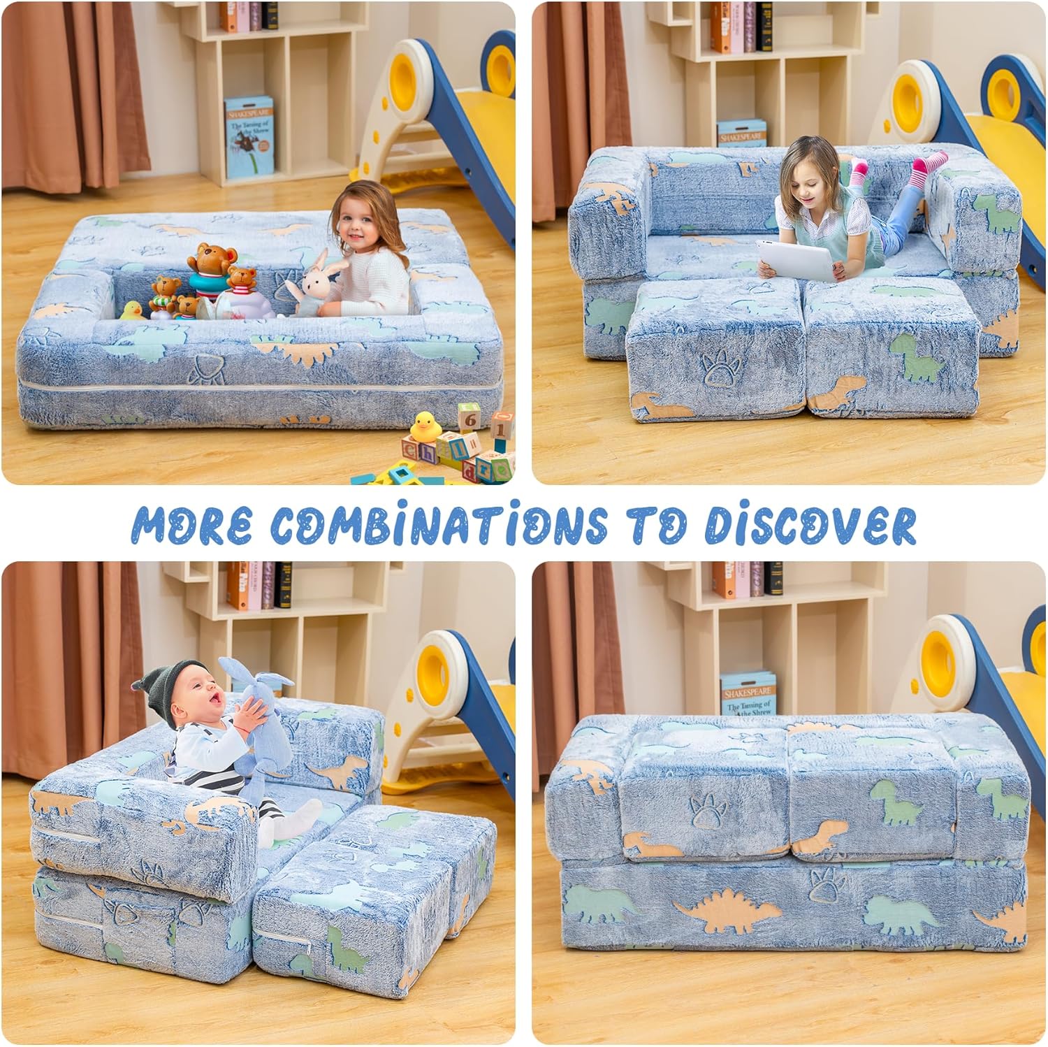 furlinkhm Toddler Couch, Glow in The Dark Kids Play Couch Toddler Fold Out Couch, Kids Fold Out Couch for playroom, Convertible Baby Fold Out Play Foam and Floor Cushion for Bedroom, Blue+Dinosaur